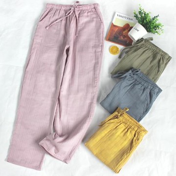 日系純棉情侶睡褲女長褲春秋薄款男士全棉雙層紗布大碼休閑家居褲