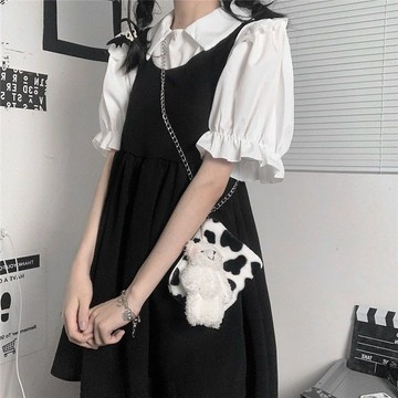 【上新】8@14法式連身裙 日系洋裝 生日禮裙 夏季新款韓版法式復古泡泡袖短袖上衣+顯瘦背心A字裙兩件套女海島洋裝