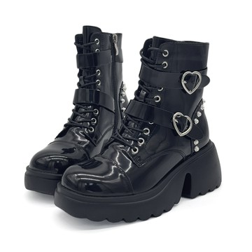 Rick 酷甜物語雙心珍珠亮面輕量厚底機車馬汀靴短靴