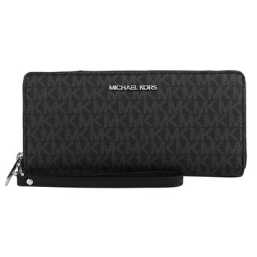 MICHAEL KORS 滿版防刮小MK皮革掛帶拉鍊長夾(黑灰)