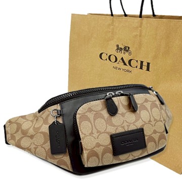 COACH 男款C LOGO胸前包/腰包/單肩斜背包贈紙袋(皮牌-焦糖/黑)