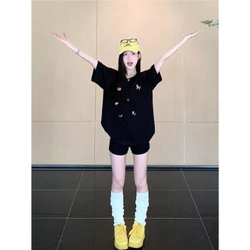 黑色重磅純棉短袖t恤女夏2026新款寬松大碼圓領半袖美式正肩上衣