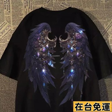 🔥台灣發出🔥 爆款熱推全臺 美式翅膀短袖100不起球美式復古暗黑翅膀印花短袖t恤男女國潮oversize高街上衣