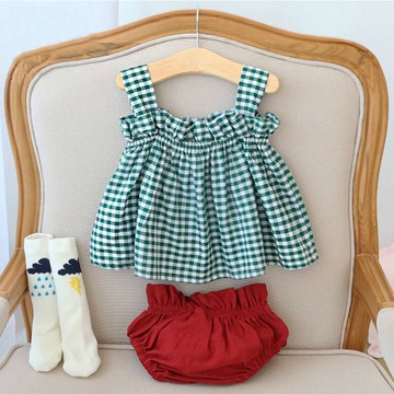 兒童夏女童背心短套格子夏季套休格子短件套潮