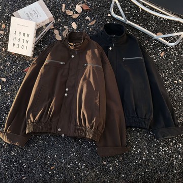 美式立領夾克外套男秋季新款百搭寬鬆休閒上衣男