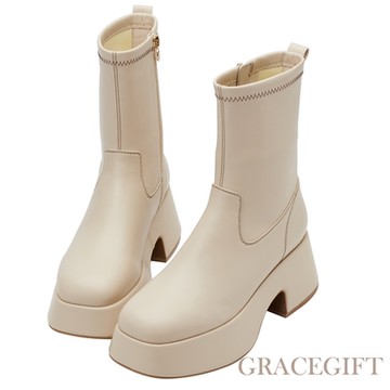 【Grace Gift】紀卜心聯名-全糖歐膩線條感厚底襪靴 米白