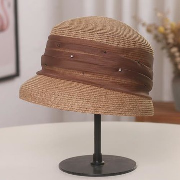 草帽女夏季新款防曬遮陽盆帽優雅網紗縫鉆太陽帽出游度假漁夫帽