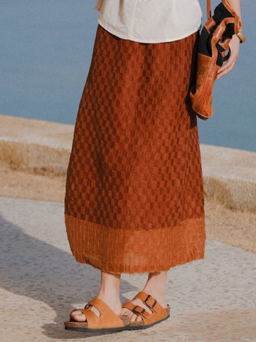 焦糖橙色 棋盤格香雲紗鬆緊腰長裙 毛邊開叉拼接半身裙