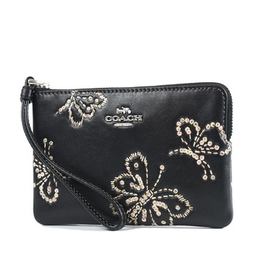 COACH 繡線蝴蝶滑面皮革手拿包-黑色