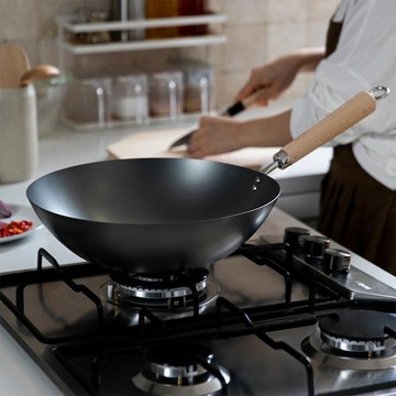 日本霜山 日本製木柄窒化鐵炒鍋(IH爐可用)-30cm