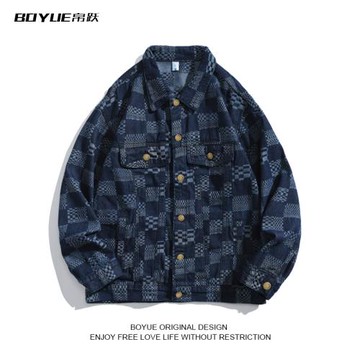 BOYUE帛躍春秋季棋盤格工裝牛仔外套男港風加絨加厚夾克oversize