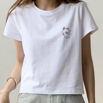 胖胖美依 短袖上衣 T恤 上衣 S-2XL露腰T恤白色百搭短款短袖t恤印花夏季上衣-7666.