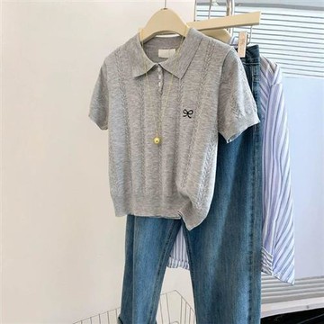 【米蘭精品】現貨+預購 針織衫短袖POLO衫-夏季翻領刺繡蝴蝶結女上衣74kx3