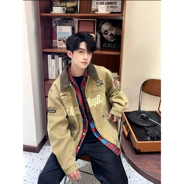 撞色翻領字母設計感上衣男時尚潮流休閒寬鬆痞帥外套男