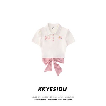 KKyesiou甜美蝴蝶結bm風露腰短款上衣女正肩愛心刺繡高腰短袖T恤
