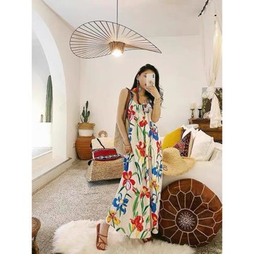 法式復古度假拍照旅游度假休閑寬松印花油畫連衣裙