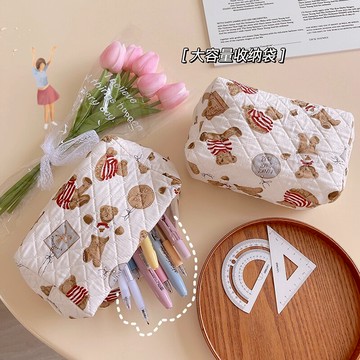 格紋小熊收納包少女心棉布大容量筆袋化妝品化妝刷洗漱包文具袋