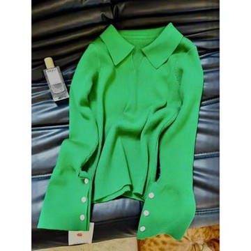 外貿原單女裝專柜撤回冬季新款高級感毛衣女加厚polo領綠色針織衫