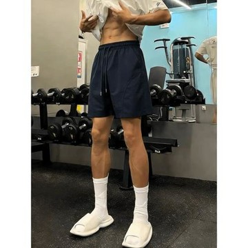 藏青色速干運動短褲男款夏季美式斜切健身褲子外穿休閑訓練四分褲