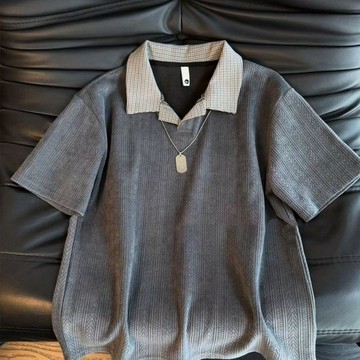 灰色麥穗紋千鳥格polo短袖男生夏季小香風美式正肩t恤上衣半截袖素面 寬短 boxy 寬短T 短版T 寬短素T 寬鬆 落