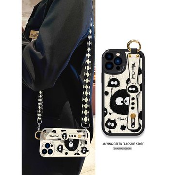 適用蘋果16手機殼可愛煤球斜挎iphone16ProMax背帶15pro掛繩手腕帶支架11新款13套mini女12卡通14plus硅膠