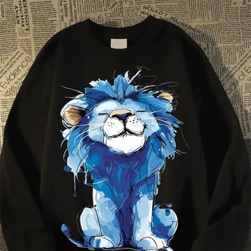 趣味獅子印花圓領套頭大學T 情侶裝流行加絨男潮版寬鬆休閒打底衫 秋冬上衣 百搭上衣 保暖長T（XWY367）【壹號站】