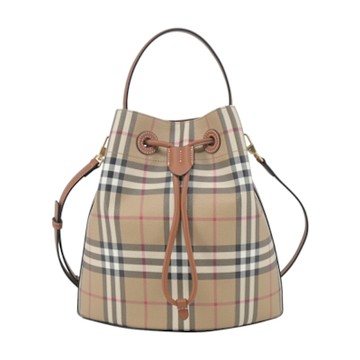 BURBERRY Lola TBLOGO格紋帆布束口水桶包(石楠木棕色)