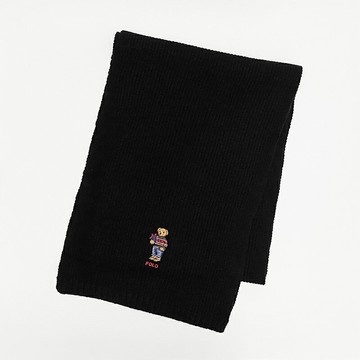 美國百分百【全新真品】Ralph Lauren 圍巾 純棉 針織 RL 小熊 POLO 黑色/深藍 DB69