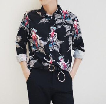 FINDSENSE 品牌 時尚休閒 男士 數碼印花 襯衫 翻領 長袖襯衫