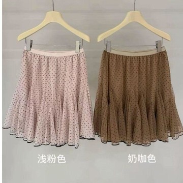 ✨臺灣出貨✨復古時尚奶咖色波點網紗半身裙女2026夏季新款鬆緊腰顯瘦氣質短裙