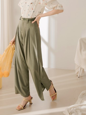 不易皺飄逸感開衩西裝褲(附綁帶)