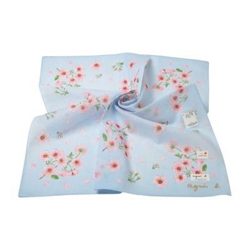 agnes b 品牌字母LOGO繽紛櫻花圖騰大帕領巾(淺藍系/58CM)