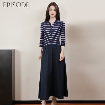EPISODE - 條紋針織拼接寬鬆裙擺七分袖洋裝154701