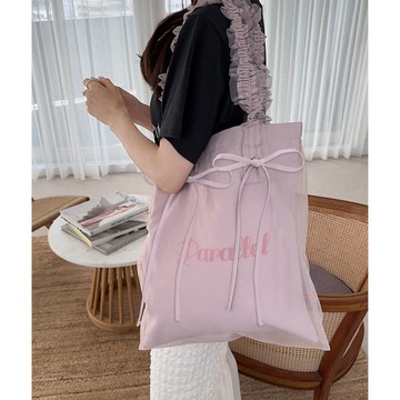 日本 GRL - 少女薄紗蝴蝶結輕便托特包-粉紅