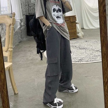 美式工裝褲 工裝褲女 工作褲 休閒褲 女裝 工裝褲女夏季高腰顯瘦原宿風寬鬆休閒直筒闊腿褲長褲子 長褲 運動褲 女生長褲