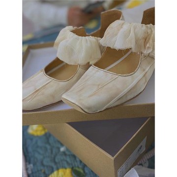 全智圓同款小眾仙女平跟單鞋綢緞擦色茶色植物染新中式pengtai