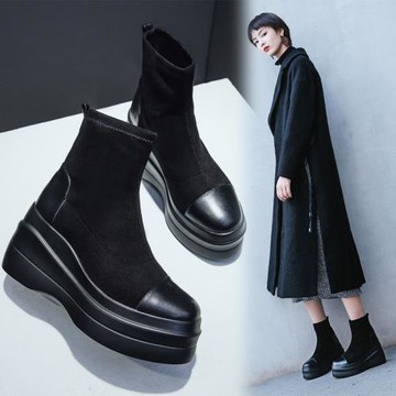 松糕短靴女2023秋冬真皮厚底彈力靴超高跟馬丁靴百搭切爾西單靴潮