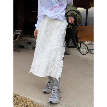 韓國chic春季小眾溫柔風木耳邊設計高腰休閑百搭系帶半身裙長裙女