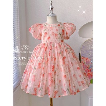 女童公主裙夏季2025新款兒童時尚泡泡袖紗裙小女孩洋氣碎花連衣裙