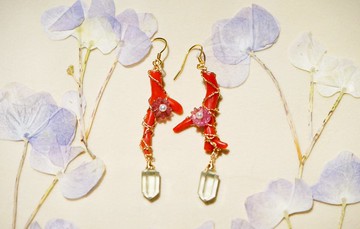 純手工14K包金繞線碧璽花、綠水晶柱AB款耳環