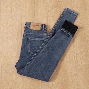 藍色加絨小腳牛仔褲女2025冬季新款保暖高腰彈力修瘦鉛筆加厚長褲