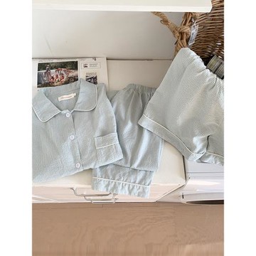 三件套裝睡衣女夏天短袖長褲梭織棉韓版開衫簡約春夏季學生家居服