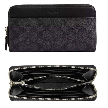 【COACH】壓印LOGOㄇ型拉鍊防刮拼接長夾－帥氣黑/深灰色