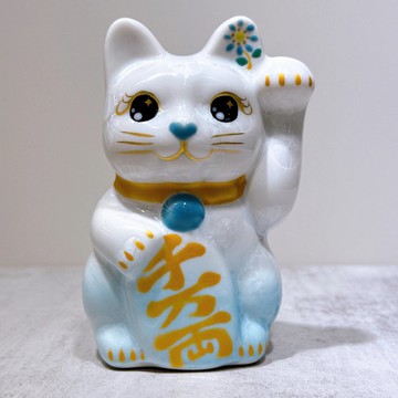 【水白福貓】日本清水燒招財貓 | 花結晶 水白 千万両 左 特小