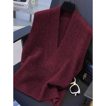 法式安可拉紅V領針織毛衣馬甲女款冬季疊穿坎肩內搭背心新年上衣