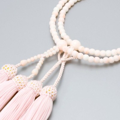 数珠 女性用 二連 京匠の伝統 ピンク珊瑚二輪 人絹頭房 浄土真宗 仏壇 仏具