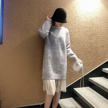 針織蕾絲連衣裙寬松圓領中長款兩件套套頭內搭裙子1入