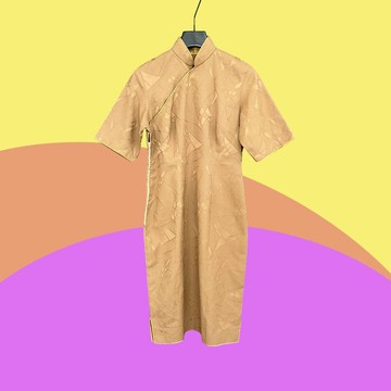 二手 古董訂製 棕色 緹花 微開衩 短袖 旗袍 CA404