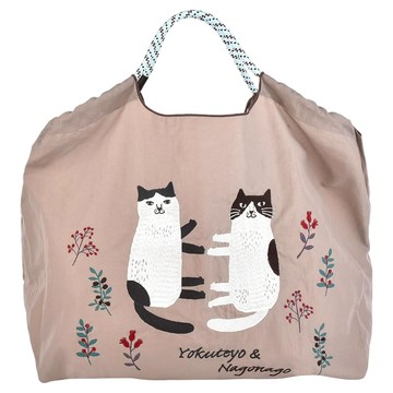 kUSUgURU JAPAN 日本眼鏡貓 手提包 環保袋日本刺繡尼龍購物袋 Nagonago-san系列  28 x 26 x 13cm  咖啡色