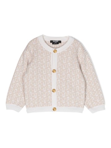 Balmain Kids - monogram-pattern button-up cardigan - kids - Merino/Silk/Cashmere - 18 mth - Neutrals